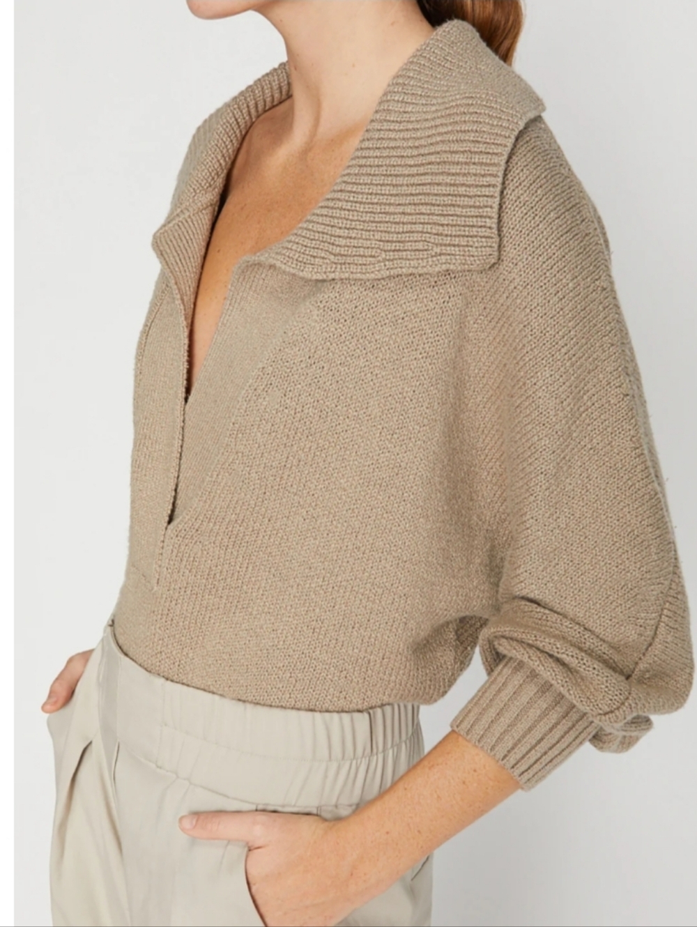 Brochu Walker Sweater Marlowe Taupe Tan‎ Cotton Cropped Henley - Picture 6 of 15